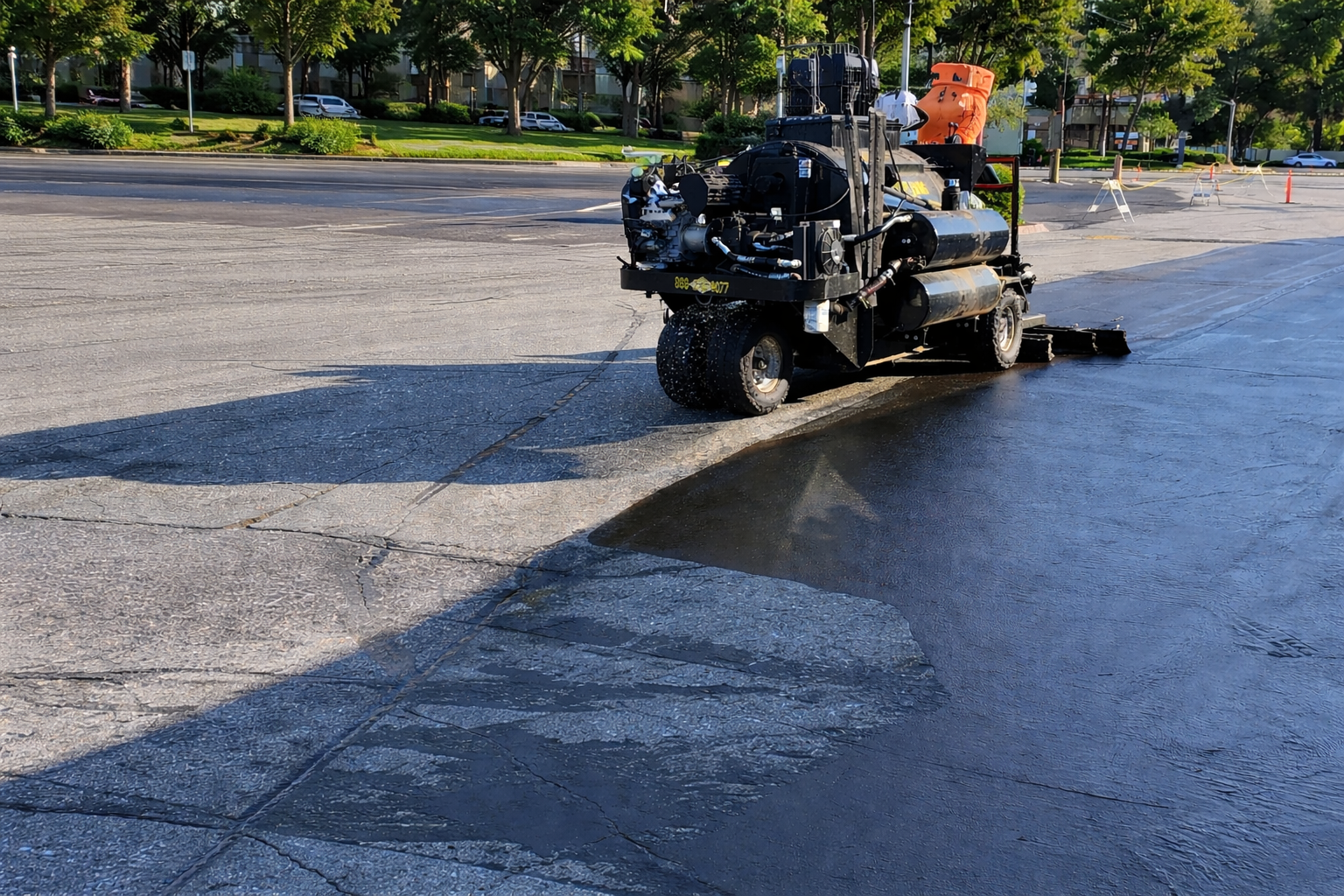 Professional technician applying parking lot coating in South Florida